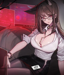  :p absurdres ace_(playing_card) ace_of_spades animal_ear_fluff animal_ears arm_support bad_id bad_pixiv_id between_breasts black_pantyhose black_skirt bracelet breasts brown_hair card center_opening cleavage earpiece female fox_ears fox_girl fox_tail glasses hand_on_own_thigh highres holographic_monitor id_card jewelry lanyard large_breasts looking_at_viewer necklace office_lady original orn pantyhose pencil_skirt playing_card purple_eyes shirt sitting skirt sleeves_rolled_up solo spade_(shape) tail throat_microphone tongue tongue_out white_shirt 