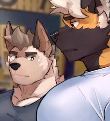  2021 african_wild_dog anthro blurred_background bodily_fluids canid canine canis clothed clothing duo fur girl_staring_at_man&#039;s_chest hair hi_res looking_at_another looking_at_muscles mako_(makowolf1) makowolf1 male mammal meme muscular muscular_anthro muscular_male pecs shirt stare sweat sweatdrop tan_body tan_fur topwear wolf 