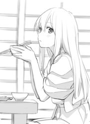  akagi_(kancolle) bowl chopsticks commentary_request duplicate eating female greyscale holding holding_bowl holding_chopsticks indoors kantai_collection kinosuke_(sositeimanoga) long_hair looking_at_viewer monochrome open_mouth pixel-perfect_duplicate sitting solo table 