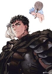  2boys absurdres berserk black_hair blue_eyes blue_hair collarbone completely_nude fairy_wings guts_(berserk) highres jun_(navigavi) male_focus multiple_boys nude one_eye_closed pointy_ears puck_(berserk) robe scar simple_background smile standing weapon weapon_on_back weibo_logo weibo_watermark white_background wings 