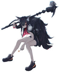  absurdres alternate_costume animal_ear_fluff animal_ears arknights bad_id bad_pixiv_id bare_legs black_hair candy carrying_over_shoulder commentary cosplay female food highres holding holding_weapon hololive jacket lollipop long_hair mouth_hold multicolored_hair ookami_mio orange_eyes red_hair shorts siege_(arknights) siege_(arknights)_(cosplay) solo streaked_hair tail tsumeki virtual_youtuber war_hammer weapon wolf_ears wolf_girl wolf_tail 