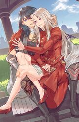  2girls arm_guards bare_legs blue_hair byleth_(female)_(fire_emblem) byleth_(fire_emblem) couple dress edelgard_von_hresvelg fire_emblem fire_emblem:_three_houses happy high_heels highres jewelry long_hair multiple_girls open_hand pantyhose radiostarkiller red_footwear ring scar scar_on_leg sitting sitting_on_lap sitting_on_person smile sparkle wedding_ring white_hair wife_and_wife yuri 