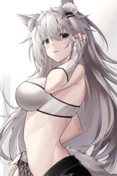  absurdres animal_ear_fluff animal_ears arknights bandeau bare_shoulders blush breasts commentary female fingerless_gloves gloves grey_eyes grey_hair hair_ornament hairclip hand_up highres lappland_(arknights) large_breasts long_hair looking_at_viewer midriff oerba_yun_fang parted_lips revision scar scar_across_eye smile solo strapless tail tube_top upper_body v-shaped_eyebrows very_long_hair white_gloves wolf_ears wolf_tail yan_lie 