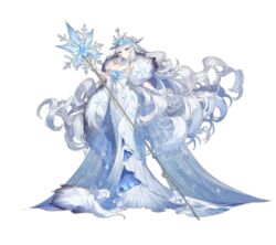  ark_order blue_cape blue_eyes breasts cape cleavage coat diadem dress female frozen full_body fur_coat gloves hat hatoyama_itsuru highres holding holding_staff huge_breasts ice long_dress looking_at_viewer official_art sleeveless sleeveless_dress snow snowflake_print snowflakes solo staff tachi-e the_snow_queen the_snow_queen_(ark_order) transparent_background variant_set white_dress white_gloves white_hair white_hat 