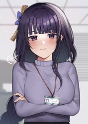  bangs blunt_bangs blurry blurry_background blush braid breasts contemporary crossed_arms eyebrows_visible_through_hair female genshin_impact hair_intakes highres id_card indoors lanyard large_breasts long_hair looking_at_viewer mole mole_under_eye nerua office office_lady purple_eyes purple_hair purple_sweater raiden_shogun sidelocks signature solo sweater upper_body wavy_mouth 