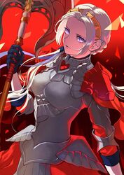  armor armored_dress axe aymr_(fire_emblem) bad_id bad_twitter_id black_gloves cape cowboy_shot dutch_angle edelgard_von_hresvelg female fire_emblem fire_emblem:_three_houses fire_emblem_warriors:_three_hopes forehead gloves gradient_background hair_ornament highres holding holding_axe long_hair looking_at_viewer nishikawa_(fe) purple_eyes purple_ribbon red_background red_cape ribbon short_sleeves shoulder_armor solo white_hair 