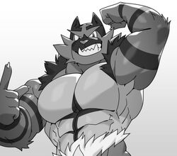  2022 5_fingers abs anthro arm_markings biceps big_muscles biped black_markings cheek_tuft chesschirebacon digital_media_(artwork) facial_tuft felid fingers flexing flexing_bicep front_view fur generation_7_pokemon glistening glistening_arms glistening_eyes half-length_portrait hi_res incineroar looking_at_viewer male mammal markings monochrome multicolored_body multicolored_fur muscular muscular_anthro muscular_male nintendo pecs pokemon pokemon_(species) portrait ring_(marking) simple_background solo teeth tuft two_tone_body two_tone_fur white_background 