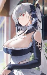  504_gateway absurdres azur_lane bare_shoulders between_breasts black_dress blurry blurry_background breasts cleavage cross-laced_clothes detached_collar dress earrings female formidable_(azur_lane) frilled_dress frills from_side grey_hair hair_ribbon highres jewelry large_breasts long_hair long_sleeves looking_at_viewer low_neckline maid necktie necktie_between_breasts outdoors parted_lips red_eyes ribbon road sideways_glance solo street twintails two-tone_ribbon upper_body very_long_hair 