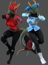  2024 3d_(artwork) 5_fingers anthro belt blender_(artwork) blue_eyes blue_hair boots bottomwear bras_(petruz) breasts clothed clothing digital_media_(artwork) dragon duo eastern_dragon female fighting_pose fingerless_gloves fingers fist footwear gloves green_body green_scales hair handwear hi_res horn horn_jewelry horn_ring humanoid_hands isu_(petruz) jacket jewelry mythological_creature mythological_scalie mythology pants petruz petruz_(copyright) pose red_eyes red_hair ring_(jewelry) scales scalie sibling_(lore) sister_(lore) sisters_(lore) standing tail topwear 