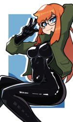  absurdres arm_up black_bodysuit blue_eyes bodysuit breasts closed_mouth commission female freckles green_jacket highres jacket large_breasts latex latex_bodysuit long_hair looking_at_viewer muds orange_hair original shiny_clothes siri_jay smile solo v 