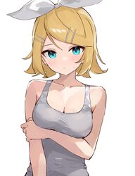  :/ alternate_breast_size arm_under_breasts bare_shoulders blonde_hair blue_eyes blush bow breasts cleavage closed_mouth collarbone dot_nose female flipped_hair grey_shirt hair_ornament hairbow hairclip highres holding_own_arm kagamine_rin looking_at_viewer medium_breasts rakugaki_ningen revision shirt short_hair simple_background sleeveless sleeveless_shirt solo straight_hair swept_bangs upper_body vocaloid white_background white_bow 