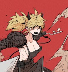  backless_outfit black_overalls blonde_hair breasts cleavage collarbone commentary demon_horns demon_tail dorohedoro female han_gong highres horns nikaidou_(dorohedoro) open_mouth overalls ponytail red_background red_eyes sideboob solo tail waist_bag 