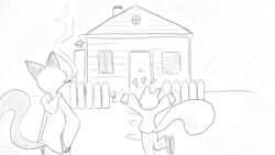  16:9 animal_crossing anthro building cigarette cigarette_in_mouth clothed clothing dialogue_in_description digital_drawing_(artwork) digital_media_(artwork) dragonweirdo duo felid feline female fence flower footwear fully_clothed greyscale hi_res hoodie house male mammal marshal_(animal_crossing) monochrome nintendo object_in_mouth olivia_(animal_crossing) outside plant rodent sciurid shoes smile smoke smoking sweater topwear tree_squirrel widescreen window yay 