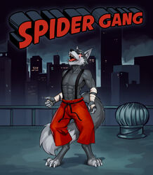  anthro bottomwear canid canine canis city city_background clothed clothing digital_media_(artwork) fur hi_res humanoid_hands magna_nsfw male mammal multicolored_body open_mouth pants red_bottomwear red_clothing red_pants solo suspenders tail taped_hands text topless two_tone_body wolf 