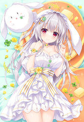  ameto_yuki animal animal_ears bare_shoulders bed_sheet blanc_(ameto_yuki) bow breasts cleavage closed_mouth clover collarbone commentary_request crescent crescent_hair_ornament dress female flower four-leaf_clover grey_hair hair_between_eyes hair_ornament hands_up looking_at_viewer medium_breasts off-shoulder_dress off_shoulder original puffy_short_sleeves puffy_sleeves rabbit rabbit_ears red_eyes short_sleeves smile solo striped_bow white_dress wrist_flower yellow_flower 