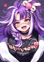  ahoge black_choker black_shirt braid breasts choker cleavage eye_print female hair_over_shoulder heart highres jared_(michi_mochievee) long_hair looking_at_viewer medium_breasts michi_mochievee multicolored_hair oerba_yun_fang open_mouth purple_hair rabio_(labi555) shirt skin_fang stitched_face stitches streaked_hair virtual_youtuber vshojo white_hair 