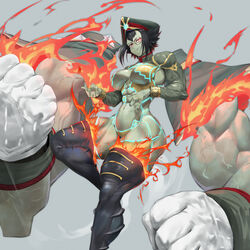  702_96 abs absurdres black_hair boots breasts closed_mouth colored_skin commentary english_commentary female fire glasses green_skin grey_background highres large_breasts looking_at_viewer muscular muscular_female newt_(xenoblade) red_eyes revealing_clothes round_eyewear short_hair shrug_(clothing) simple_background smile solo thigh_boots thighhighs xenoblade_chronicles_(series) xenoblade_chronicles_2 