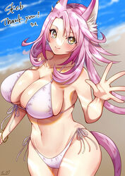  animal_ear_fluff armpits beach bikini breasts cat_girl cleavage commission duel_monster female homi28 huge_breasts looking_at_viewer navel outdoors pink_hair sideboob signature skeb_commission skindentation smile solo standing swimsuit tail tri-brigade_ferrijit_the_barren_blossom waving white_bikini yellow_eyes yu-gi-oh! 