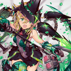  akatsuki_kirika angry blonde_hair breasts female gauntlets green_eyes hair_between_eyes headgear holding holding_scythe kneehighs leotard looking_at_viewer mecha_musume medium_hair miniskirt open_mouth scythe senki_zesshou_symphogear skin_tight skirt small_breasts socks solo symphogear_pendant takano_otohiko v-shaped_eyebrows 