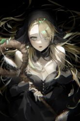  absurdres black_dress black_gloves blonde_hair breasts cleavage detached_collar dress dungeon_meshi elbow_gloves female fingerless_gloves gloves green_eyes highres long_hair looking_at_viewer marcille_donato open_mouth solo staff zuzu_(wckd7545) 