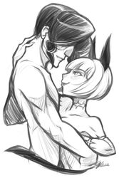  1boy animal_ears audrey_kare blush bob_cut breasts cat_ears female height_difference hug irvin_(skullgirls) monochrome nadia_fortune nude scar short_hair skullgirls smile straight toned 