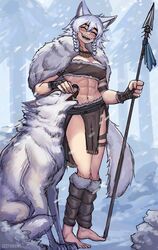  abs animal_ears barefoot braid closed_eyes ezzydraws female fingerless_gloves gloves hand_wraps highres holding holding_polearm holding_weapon loincloth muscular muscular_female original petting polearm sharp_teeth signature snowing solo spear tail teeth toned twin_braids weapon winter wolf wolf_ears wolf_girl wolf_tail 