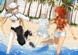  1boy 2girls ahoge artoria_caster_(fate) artoria_caster_(swimsuit)_(fate) artoria_caster_(swimsuit)_(first_ascension)_(fate) artoria_pendragon_(fate) asymmetrical_clothes asymmetrical_pants baggy_clothes baseball_cap bikini black_pants blonde_hair blue_eyes blush breasts cropped_jacket eyewear_on_head fate/grand_order fate_(series) floral_print fujimaru_ritsuka_(female) fujimaru_ritsuka_(female)_(tropical_summer) green_eyes grey_hair hair_ornament hair_scrunchie hat hawaiian_shirt hibiscus_print highres holding holding_another&#039;s_wrist jacket jewelry long_hair long_sleeves medium_hair multiple_girls navel oberon_(fate) oberon_(refreshing_summer_prince)_(fate) official_alternate_costume one_side_up open_mouth open_pants orange-tinted_eyewear orange_hair orange_scrunchie orange_shirt pants print_shirt romo827 sandals scrunchie shirt short_hair short_shorts shorts shrug_(clothing) sidelocks single_bare_leg single_pantsleg smile striped_clothes striped_jacket sunglasses swimsuit tied_shirt tinted_eyewear twintails white-framed_eyewear white_bikini white_hat white_jacket white_shorts 