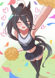  ahoge animal_ears arm_up armpits black_hair black_skirt black_thighhighs cheerleader closed_eyes commentary_request cropped_shirt female heart highres hojichabu holding holding_pom_poms horse_ears horse_girl horse_tail long_hair manhattan_cafe_(umamusume) navel open_mouth pom_pom_(cheerleading) skirt solo tail thighhighs umamusume 