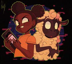  amanda_(amanda_the_adventurer) amanda_the_adventurer anthro bovid caprine clothing domestic_sheep duo eye_contact female galaxyartz667 hi_res holding_tape human looking_at_another male mammal open_mouth sheep shirt smile t-shirt topwear wooly_(amanda_the_adventurer) 