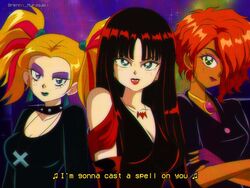  1990s_(style) 3girls bare_shoulders bat_necklace black_hair blonde_hair breasts brenni_murasaki choker clip_studio_paint_(medium) commentary dark-skinned_female dark_skin dusk_(scooby-doo) english_commentary goth_fashion green_eyes hex_girls highres lipstick looking_at_viewer luna_(scooby-doo) makeup medium_breasts multiple_girls retro_artstyle scooby-doo smile thorn_(scooby-doo) 