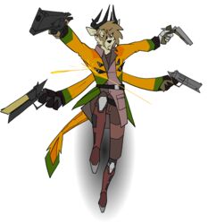  4_arms absurd_res alpha_channel anthro antlers bullet bulletproof_vest deer duo gemini_the_sergal gun handgun hi_res holding_gun holding_object holding_ranged_weapon holding_weapon horn male male/male mammal multi_arm multi_eye multi_limb multi_wielding multicolored_body ranged_weapon revolver simple_background tail topazknight transparent_background weapon 