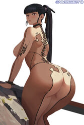  artist_name ass ass_focus black_hair blunt_bangs blush bodysuit breasts brown_bodysuit brown_eyes commentary curious english_commentary eve_(stellar_blade) female from_behind highres huge_ass impossible_bodysuit impossible_clothes large_breasts long_hair looking_at_viewer patreon_username ponytail powerbigbutt skin_suit_(stellar_blade) skin_tight solo stellar_blade thick_thighs thighs tight_clothes two-tone_bodysuit very_long_hair 