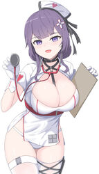  :d absurdres between_breasts breasts cleavage commentary_request dress enya_murphy female gloves hair_ornament hat highres holding large_breasts looking_at_viewer nurse nurse_cap panties purple_eyes purple_hair sato_art short_sleeves simple_background smile snowbreak:_containment_zone solo standing stethoscope thighhighs underwear white_background white_dress white_gloves white_hat white_panties white_thighhighs 