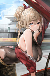  absurdres armlet bare_shoulders belt black_pants blonde_hair blue_eyes bodysuit bow breasts car cleavage_cutout clothing_cutout cloud cropped_jacket english_commentary female hair_between_eyes hair_up hairbow highres huge_breasts jacket leaning_forward lillly lillly_(character) looking_at_viewer motor_vehicle off_shoulder open_hood original outdoors pants racetrack red_bow red_jacket sidelocks sky smile solo standing yellow_belt 