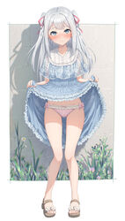  bare_legs blue_dress blue_eyes blush bow bow_panties clothes_lift commentary_request dress dress_lift feet female frilled_dress frilled_panties frills full_body grey_hair hair_ribbon highres kamuchin_soda legs lifting_own_clothes long_hair looking_at_viewer original panties pink_panties ribbon sandals smile solo toenails toes two_side_up underwear 