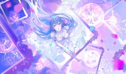  abstract_background absurdly_long_hair absurdres alternate_costume arm_support bare_arms bare_legs bare_shoulders barefoot blue_hair blue_petals breasts chinese_commentary cleavage collarbone commentary dress falling_petals female from_above full_body hamel_(path_to_nowhere) highres jellyfish knee_up long_hair looking_at_viewer looking_up medium_breasts path_to_nowhere petals picture_frame purple_eyes purple_petals sitting solo toes very_long_hair white_dress zhuling 