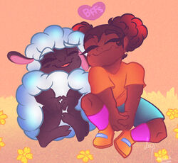  amanda_(amanda_the_adventurer) amanda_the_adventurer anthro boots bottomwear bovid caprine closed_eyes clothing domestic_sheep duo female flower footwear human male mammal montydrawz plant sheep shirt shorts sitting smile socks t-shirt topwear wooly_(amanda_the_adventurer) 