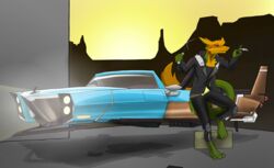  anthro car fur futuristic gemini_the_sergal hi_res holding_object holding_weapon hovercar leaning_on_object looking_at_viewer male multi_arm multi_limb multicolored_body multicolored_fur sergal solo topazknight vehicle weapon 