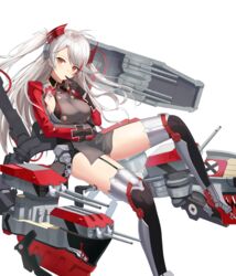  absurdres antenna_hair azur_lane blush breasts commentary cross doggo34476335 dress female grey_hair highres iron_cross large_breasts long_hair looking_at_viewer machinery md5_mismatch military military_uniform multicolored_hair prinz_eugen_(azur_lane) red_hair resolution_mismatch simple_background solo source_smaller streaked_hair turret two_side_up uniform very_long_hair white_background 