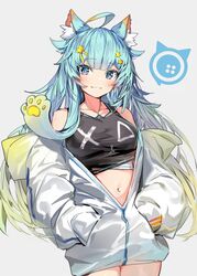  ahoge animal_ear_fluff animal_ears bare_shoulders blue_eyes blue_hair blush breasts closed_mouth collarbone commentary crop_top female gradient_hair green_hair grey_background hair_ornament hairclip hands_in_pockets highres hood hood_down hooded_jacket jacket lanmewko long_sleeves medium_breasts multicolored_hair navel off_shoulder open_clothes open_jacket original puffy_long_sleeves puffy_sleeves silver_(chenwen) simple_background smile solo star_(symbol) star_hair_ornament white_jacket 