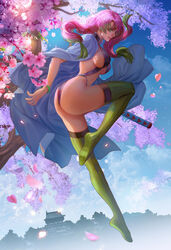  ass bangle blue_cloak blue_eyes bracelet breasts cherry_blossoms cloak commentary_request fan_yang_(jiuge) female full_body gradient_hair green_hair green_thighhighs highleg highleg_panties highres jewelry kanroji_mitsuri kimetsu_no_yaiba large_breasts leg_up legs lips long_hair long_legs makeup mascara mole mole_under_eye multicolored_hair navel no_shoes nose panties petals photoshop_(medium) pink_hair plantar_flexion quad_tails realistic revealing_clothes ribbed_legwear sheath sheathed sideboob solo thighhighs underwear 