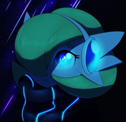  2021 black_background blue_eyes electronics female gardevoir generation_3_pokemon green_hair hair headgear headphones headset hi_res kamina_(kordcross) kordcross light lighting neon nintendo pokemon pokemon_(species) simple_background solo sparkles sparkling_eyes tron_clothing 