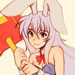  animal_ears bow bowtie breasts cleavage close-up closed_mouth detached_collar erina_(rabi-ribi) female hammer happy highres holding holding_hammer leotard long_hair medium_breasts oxcoxa playboy_bunny purple_eyes purple_hair purple_leotard rabbit_ears rabbit_girl rabi-ribi red_bow red_bowtie smile solo toy_hammer very_long_hair wrist_cuffs 