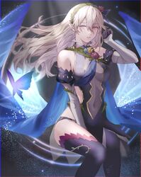  ai_tkkm bare_shoulders between_legs black_background black_dress black_gloves black_panties black_thighhighs blue_butterfly blue_cape blue_flower blue_sash blurry bug butterfly butterfly_hair_ornament cape clothing_cutout commentary_request corrin_(female)_(fire_emblem) corrin_(female)_(resplendent)_(fire_emblem) corrin_(fire_emblem) covered_navel depth_of_field detached_sleeves dress female fire_emblem fire_emblem_fates fire_emblem_heroes flower gloves gold_trim grey_hair grey_sleeves hair_flower hair_ornament hair_vines hairband hand_between_legs hand_up highres juliet_sleeves light_particles long_hair long_sleeves looking_at_animal looking_to_the_side official_alternate_costume panties panty_straps parted_lips pink_eyes pink_flower plant pointy_ears puffy_sleeves sash see-through see-through_cutout short_dress shoulder_sash side_cutout sitting solo star_(symbol) thighhighs turtleneck turtleneck_dress underwear vines wind wing_cape yellow_flower 