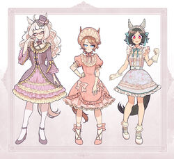  3girls alternate_costume alternate_hairstyle animal_ears annoyed biwa_hayahide_(umamusume) blue_eyes blush bnw_(umamusume) bonnet brown_hair closed_eyes closed_mouth dress facing_viewer frilled_dress frills glasses gloves hat high_heels highres horse_ears horse_girl horse_tail lolita_fashion long_hair long_sleeves looking_at_viewer mini_hat mini_top_hat multiple_girls narita_taishin_(umamusume) nervous_smile open_mouth pantyhose pink_footwear purple_footwear rectangular_eyewear red-framed_eyewear semi-rimless_eyewear short_hair short_sleeves sleeveless smile sweatdrop sweet_lolita tail top_hat twintails umamusume under-rim_eyewear wavy_hair white_footwear white_gloves white_hair white_legwear winning_ticket_(umamusume) yoshidanoe 