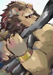  absurd_res anthro backjindo biceps black_nose black_sclera brown_body brown_fur brown_mane felid fur hi_res lion male mammal mane muscular muscular_male pantherine solo wristband yellow_eyes 