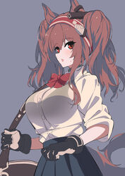  :o absurdres alternate_costume angelina_(arknights) animal_ears arknights bag black_gloves black_skirt black_sports_bra bow bowtie breasts brown_hair collar cowboy_shot female fox_ears fox_girl fox_tail gloves grey_background hairband headgear highres infection_monitor_(arknights) large_breasts long_hair long_sleeves open_mouth pleated_skirt red_bow red_bowtie red_eyes red_hairband sajimaririri school_uniform see-through shirt shoulder_bag simple_background skirt solo sports_bra tail twintails white_shirt 