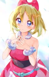  absurdres blonde_hair blue_eyes blush bracelet closed_mouth collar collarbone commentary eyelashes female frown hairband hands_up highres irida_(pokemon) jewelry looking_at_viewer medium_hair neck_ring own_hands_together pokemon pokemon_legends:_arceus sash shirt solo steepled_fingers strapless strapless_shirt sugimura_mickey waist_cape 