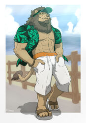  2021 4_toes abs anthro barefoot beach beard bottomwear butusan_p clothed clothing cloud day facial_hair feet felid fence flip_flops footwear hand_in_pocket hands_in_both_pockets hat headgear headwear lion looking_at_viewer male mammal mane mr._amino muscular muscular_anthro muscular_male open_clothing open_shirt open_topwear outside pantherine pants pecs pockets sand sandals seaside shirt signature sky smile solo toes topwear walking water wristband 