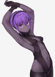  bare_shoulders black_gloves black_hairband breasts dark-skinned_female dark_skin fate/grand_order fate/prototype fate/prototype:_fragments_of_blue_and_silver fate_(series) female fingerless_gloves gloves hairband hassan_of_serenity_(fate) looking_at_viewer navel open_mouth purple_eyes purple_hair short_hair simple_background solo very_dark_skin white_background wujiemang 